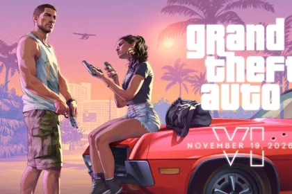 Ilustración de dos personajes junto a un auto rojo, con el logo de GTA VI y la fecha de lanzamiento.