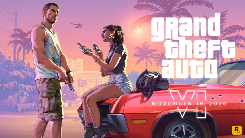 Ilustración de dos personajes junto a un auto rojo, con el logo de GTA VI y la fecha de lanzamiento.