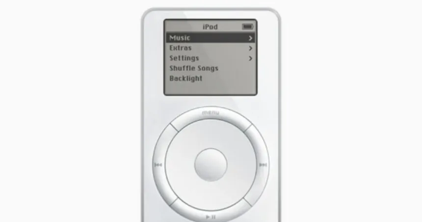 Un iPod original blanco con pantalla y rueda de control.
