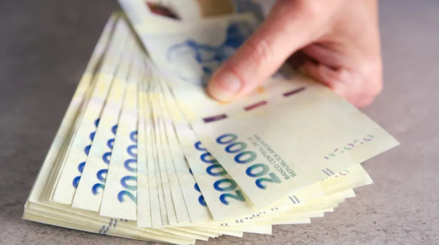 Una mano sostiene varios billetes argentinos de 20.000 pesos.