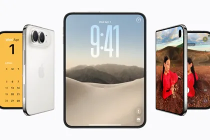 Render de varios iPhone, con un modelo plegable abierto y cerrado.