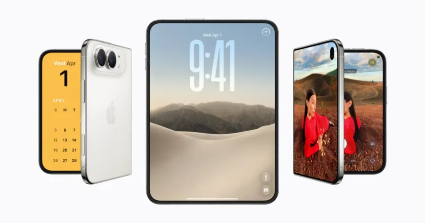 Render de varios iPhone, con un modelo plegable abierto y cerrado.