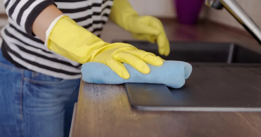 Una persona con guantes amarillos limpia una superficie con un paño azul.