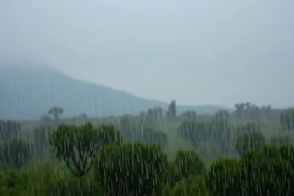 Lluvia intensa sobre un paisaje verde con árboles y montañas al fondo.