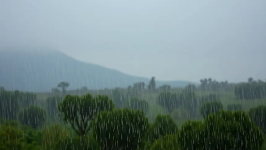 Lluvia intensa sobre un paisaje verde con árboles y montañas al fondo.