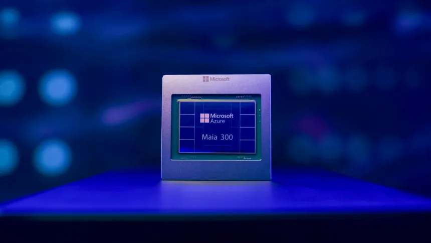 Chip Microsoft Azure Maia 300 sobre una superficie azul.