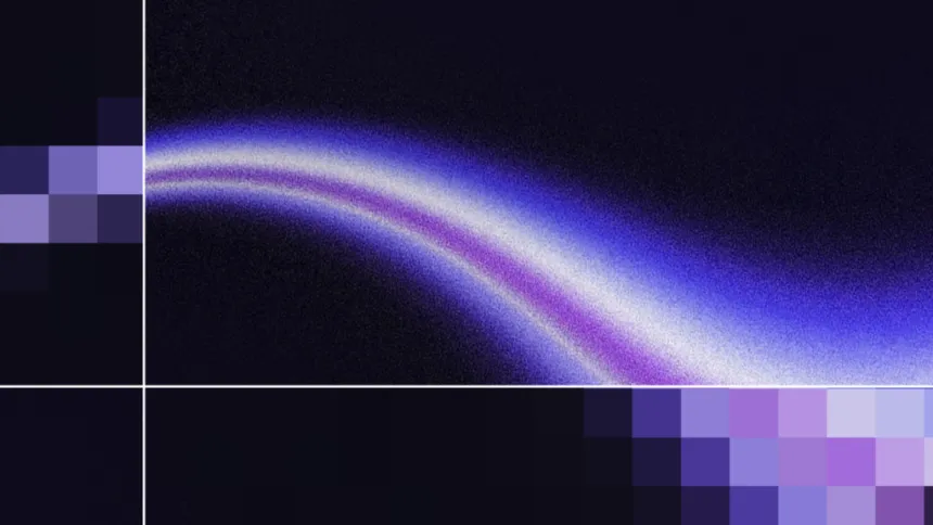 Formas geométricas violetas y una franja luminosa sobre fondo oscuro.