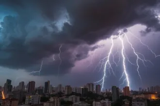Rayos iluminan un cielo tormentoso sobre una ciudad