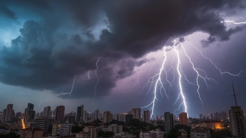 Rayos iluminan un cielo tormentoso sobre una ciudad