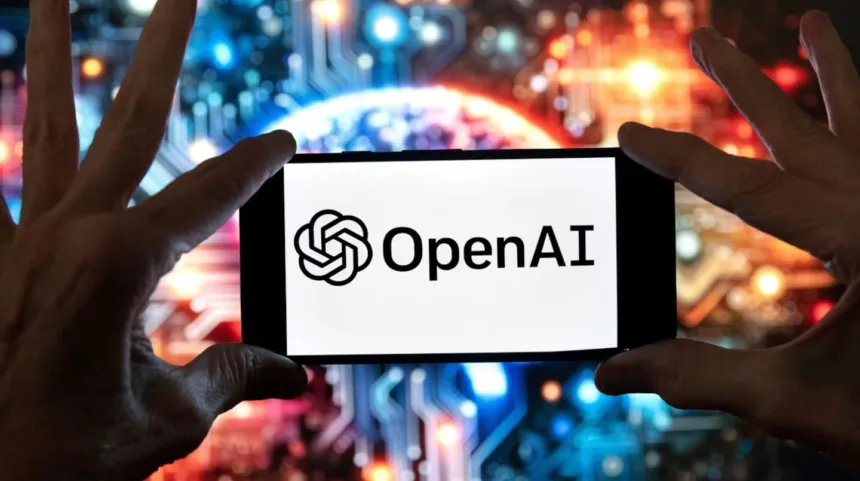Un teléfono muestra el logo de OpenAI frente a luces de colores.