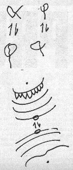 Dibujo en tinta sobre papel blanco: arriba, cuatro signos parecidos a letras griegas con flechas pequeñas; abajo, una forma dentada y varias líneas curvas concéntricas.
