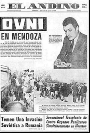 Tapa de un diario en blanco y negro con el nombre El Andino arriba y el título grande «OVNI en Mendoza»; a la derecha, la foto de un hombre joven de traje que escribe; abajo, una foto de gente y policías junto a un auto.