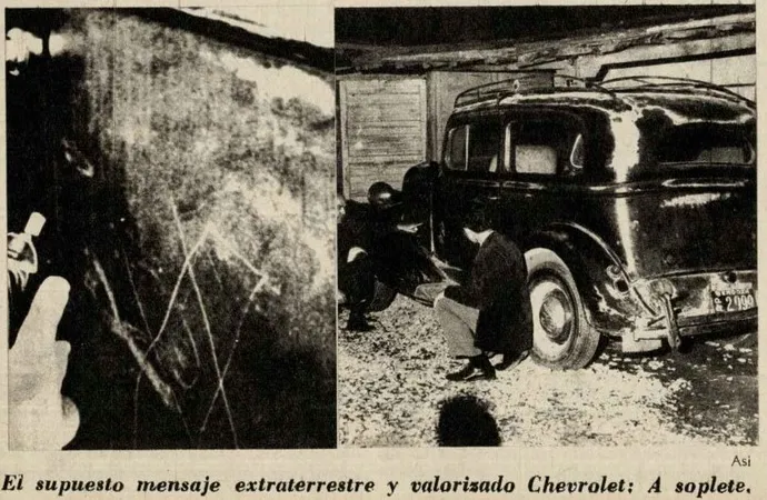 Dos fotos en blanco y negro, una al lado de la otra: a la izquierda, rayas y curvas grabadas sobre una chapa oscura; a la derecha, un sedán antiguo y oscuro estacionado bajo un techo, con un hombre agachado junto a la rueda trasera. Abajo, el epígrafe impreso de la revista.
