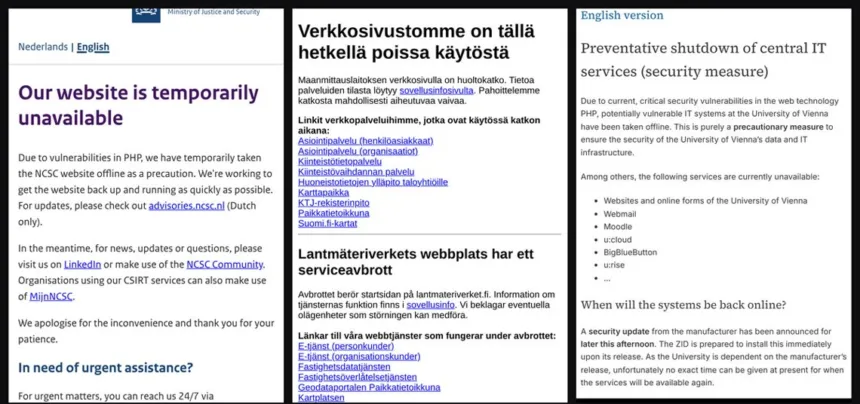 Avisos de sitios desconectados por precaución el 21 de octubre: el NCSC neerlandés, el catastro finlandés y la Universidad de Viena.