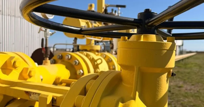 Válvulas amarillas y cañerías en una instalación de gas