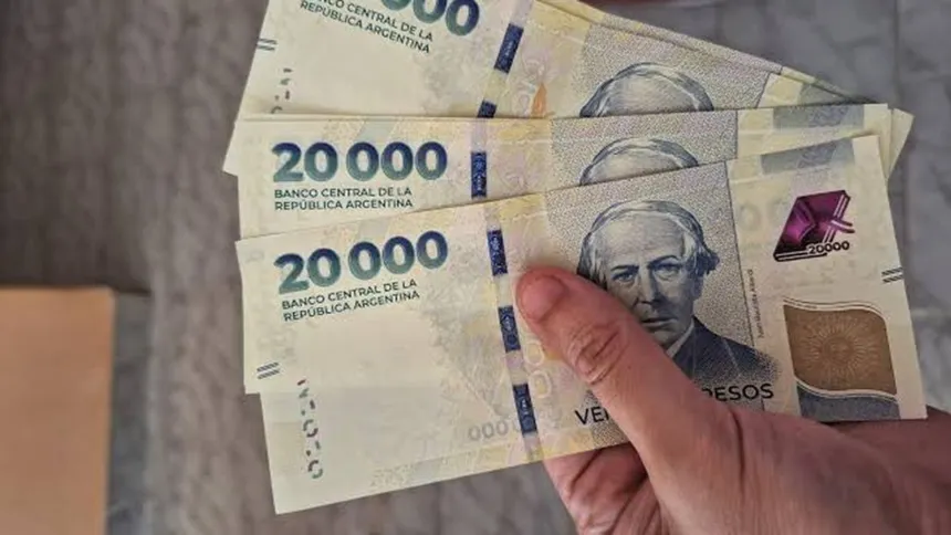 Una mano sostiene varios billetes argentinos de 20.000 pesos.