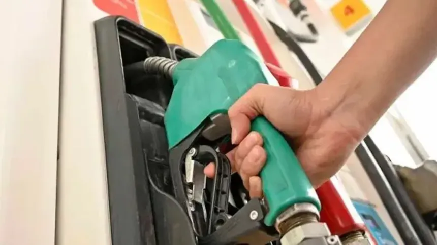 Una mano sostiene una manguera de combustible frente a los surtidores.