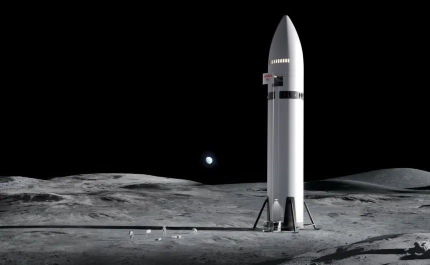 Una nave Starship de SpaceX aparece sobre la superficie de la Luna.