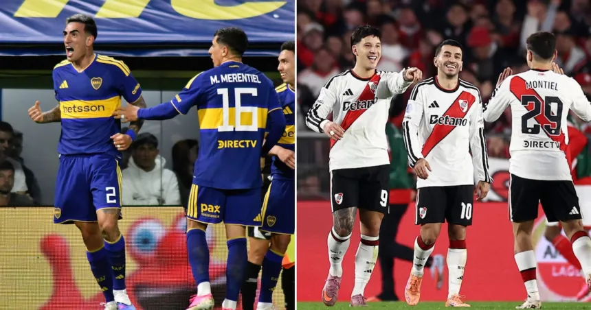 Futbolistas de Boca Juniors y River Plate celebran en la cancha.