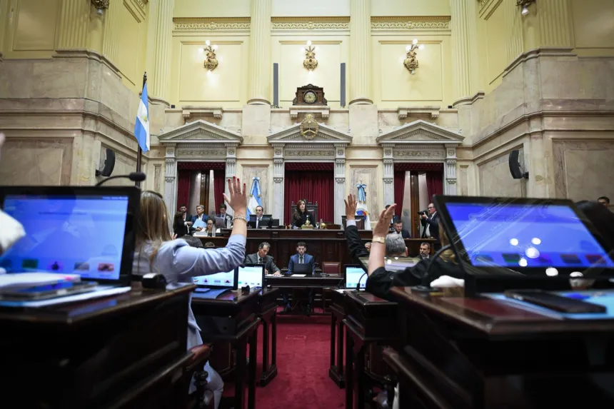 Legisladores levantan la mano durante una sesión en el recinto del Senado.