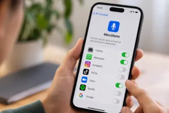 Una persona revisa en el celular qué aplicaciones tienen permiso para usar el micrófono.