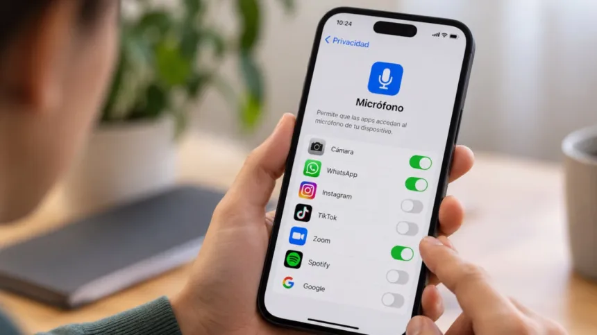 Una persona revisa en el celular qué aplicaciones tienen permiso para usar el micrófono.