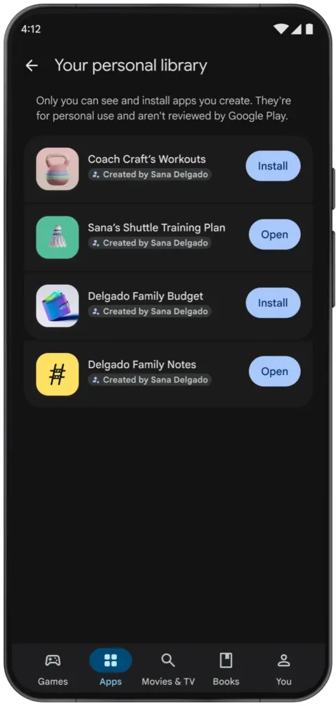 Una biblioteca personal de apps creadas con Google AI Studio en un teléfono Android.