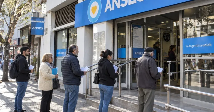 Personas esperan frente a la entrada de una oficina de ANSES.