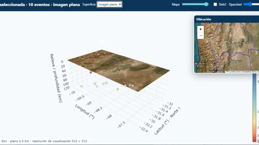 Visor sísmico con un modelo 3D del terreno y puntos que indican sismos en la región.