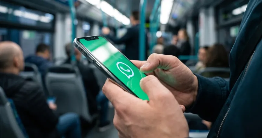 Una persona consulta WhatsApp en su celular durante un viaje en transporte público.