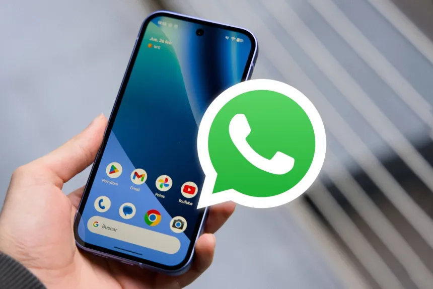 Una mano sostiene un celular junto al logo verde de WhatsApp.