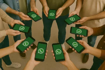 Varias personas muestran teléfonos con el logo de WhatsApp.