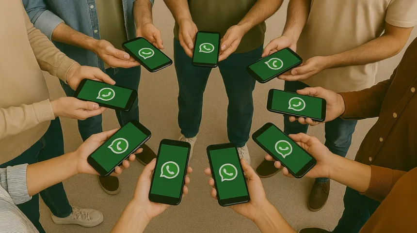 Varias personas muestran teléfonos con el logo de WhatsApp.